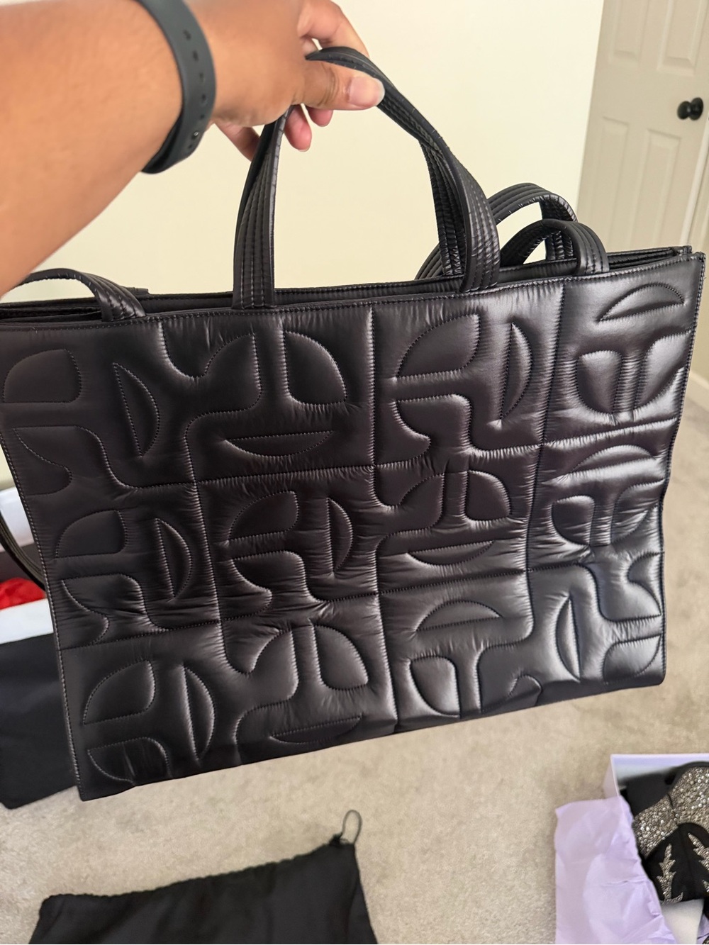 Telfar -Moose Knuckles Black Quilted Logo Tote - Picture 6 of 8